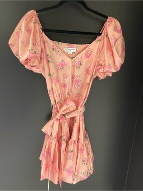 LoveShackFancy Pink Floral V-Neck Mini Dress